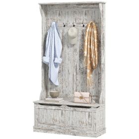 HOMCOM 3-In-1 Entryway Bench with Coat Rack, Hall Tree with Bench and Shoe Storage, 5 Hooks for Hallway Distressed White | Aosom