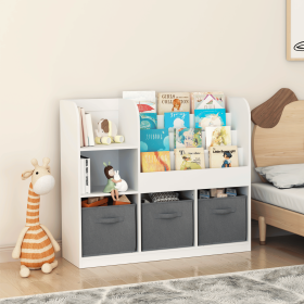 Kids Bookcase and Bookshelf, Multifunctional Bookcase with 3 Collapsible Fabric Drawers, Bookcase Display Stand, Toy Storage Organizer for Bedroo