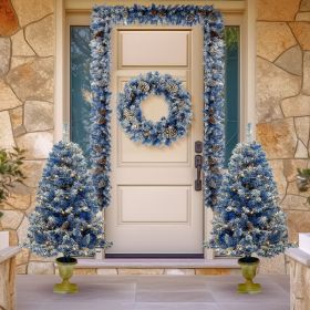 Pre-lit Xmas Tree Artificial Christmas 4-Piece Set,Garland, Wreath and Set of 2 Entrance Trees X-mas with LED Lights, Christmas Tree (Color: Blue)